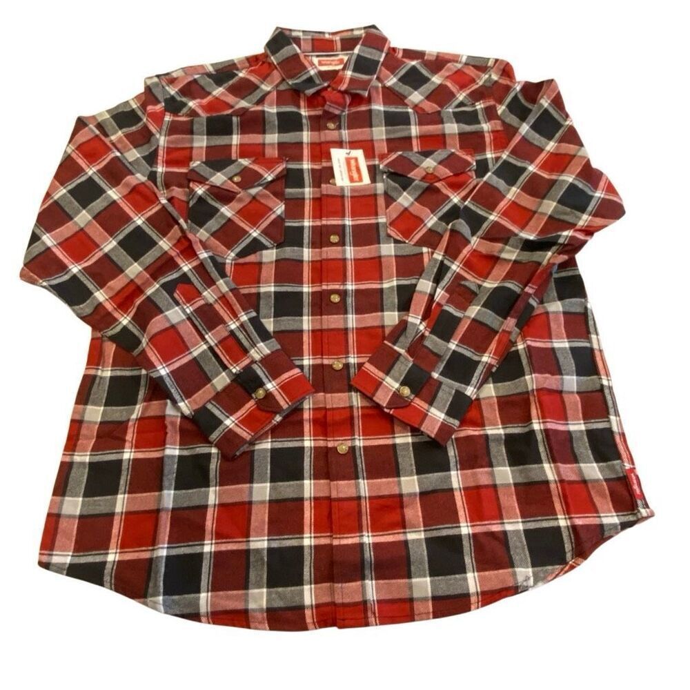 Wrangler Flannel Top Pearl Snap Button Down Western Long Sleeve Red Black Sz  L
